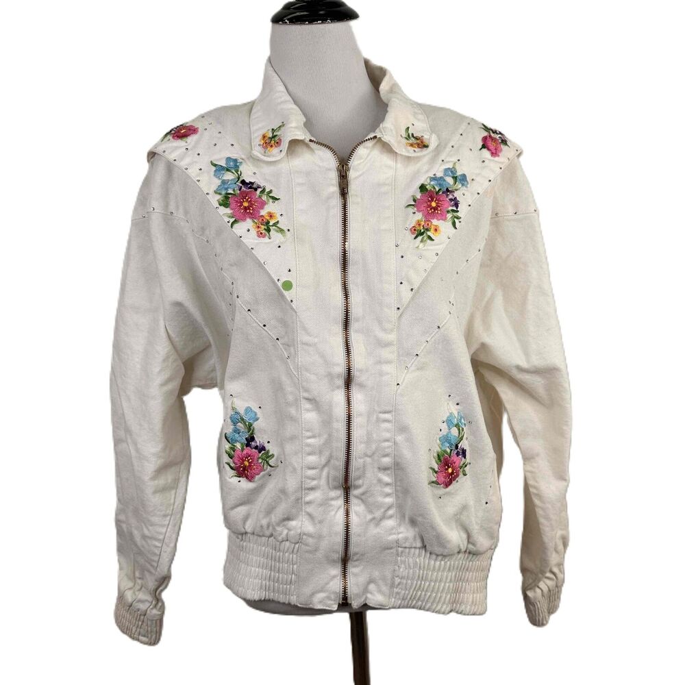 PADO Vintage Embroidered Floral 80s Sportswear Jean Jacket Size Small